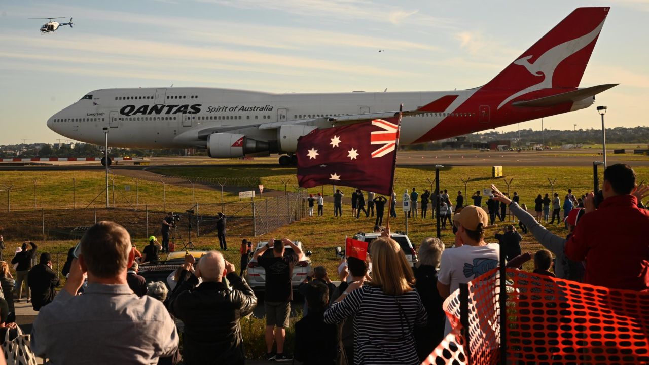 The last Qantas Boeing 747 airliner prepares to take off from Sydney airport on July 22, 2020.