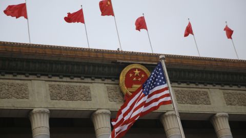 The U.S. flag and Chinese flags at a welcoming ceremony in Beijing between Chinese President Xi Jinping and U.S. President Donald Trump in November 2017.