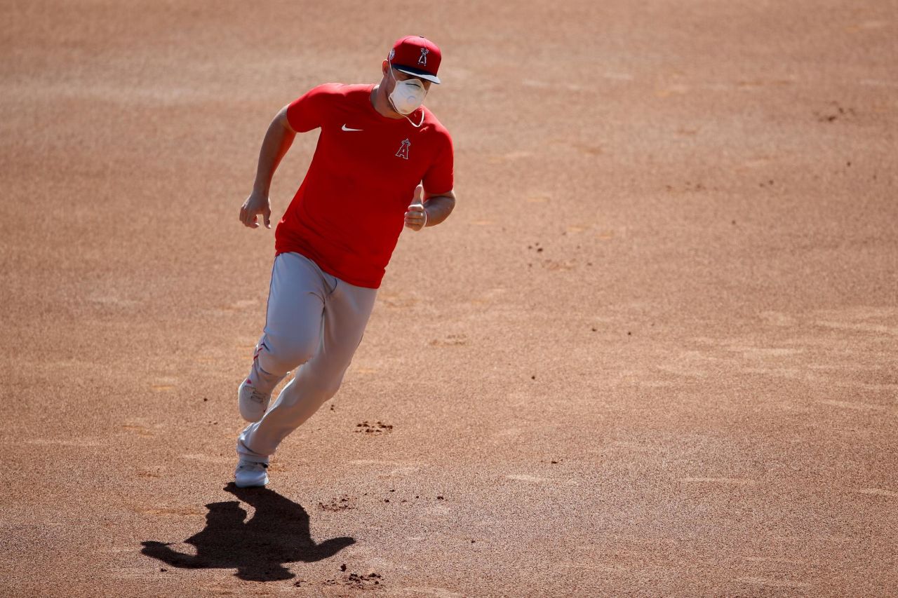 Los Angeles Angels star Mike Trout, last year's American League MVP, runs the bases during a workout on July 3.