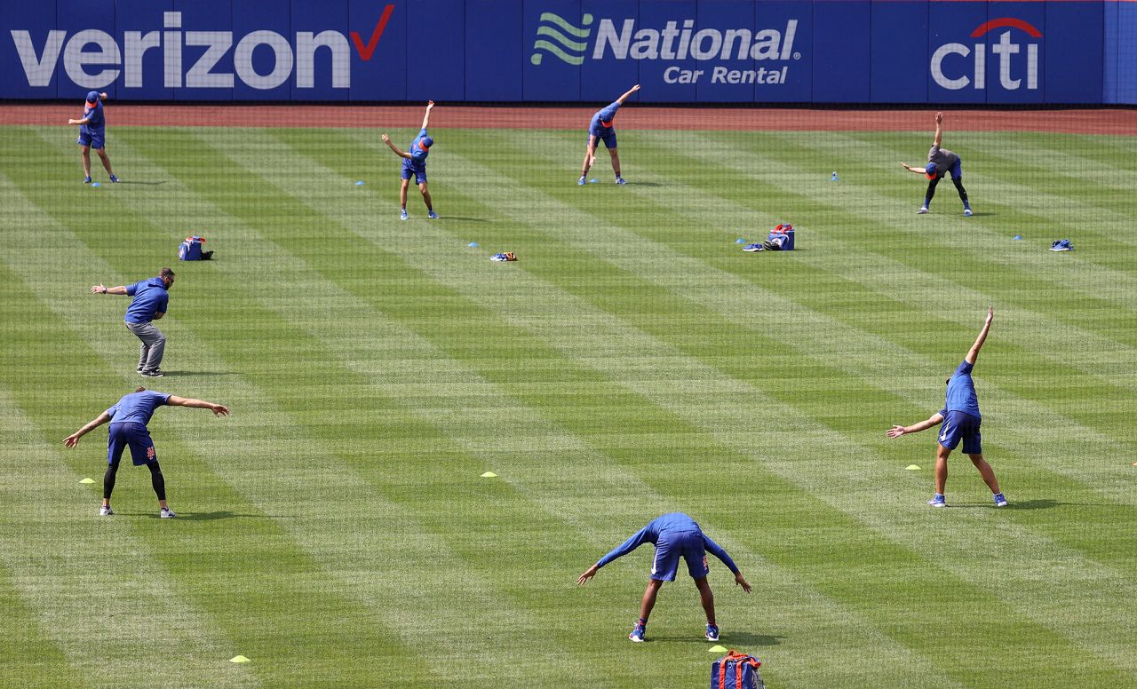 The New York Mets spread out as they stretch on July 3.