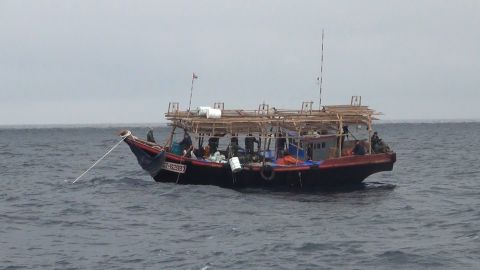 A North Korean squid boat in operation in the Russian waters is seen sometime between between August and October 2018. 
