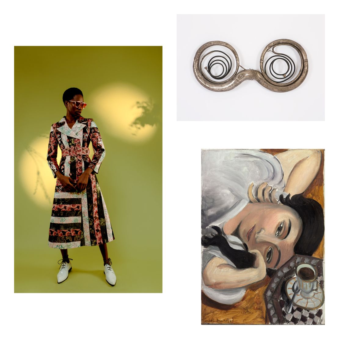 Clockwise from left: Duro Olowu, Spring-Summer 2020, Look 22. Photo: Christina Ebenezer. "Omohundro" (2002) by Terry Adkins. Photo: Courtesy of the artist and Salon 94, New York. "Laurette with a Cup of Coffee" (1916-17) by Henri Matisse. Courtesy of Succession H. Matisse / Artists Rights Society (ARS), New York). Photo: The Art Institute of Chicago/ Art Resource, NY.