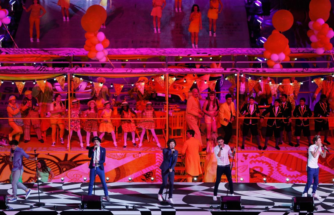 One Direction perform during the Closing Ceremony on Day 16 of the London 2012 Olympic Games.