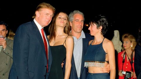 In this February 2000 photo, Donald Trump, Melania Knauss, Jeffrey Epstein, and Ghislaine Maxwell pose together at Trump's Mar-a-Lago club, Palm Beach, Florida.