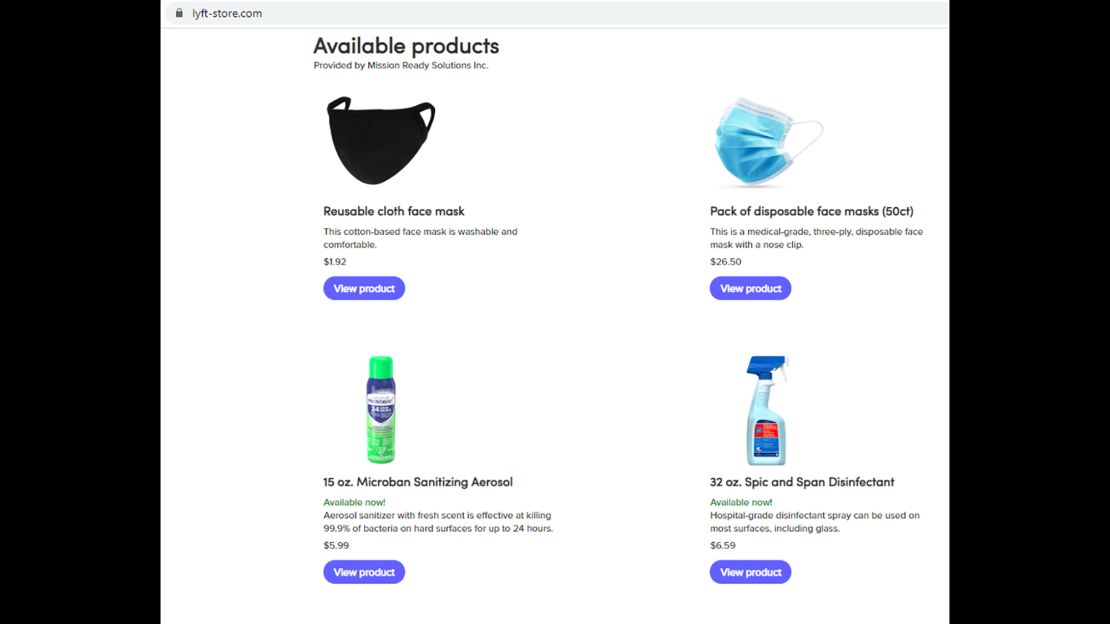 A screenshot of personal protective equipment being sold to Lyft drivers via the company's online store.