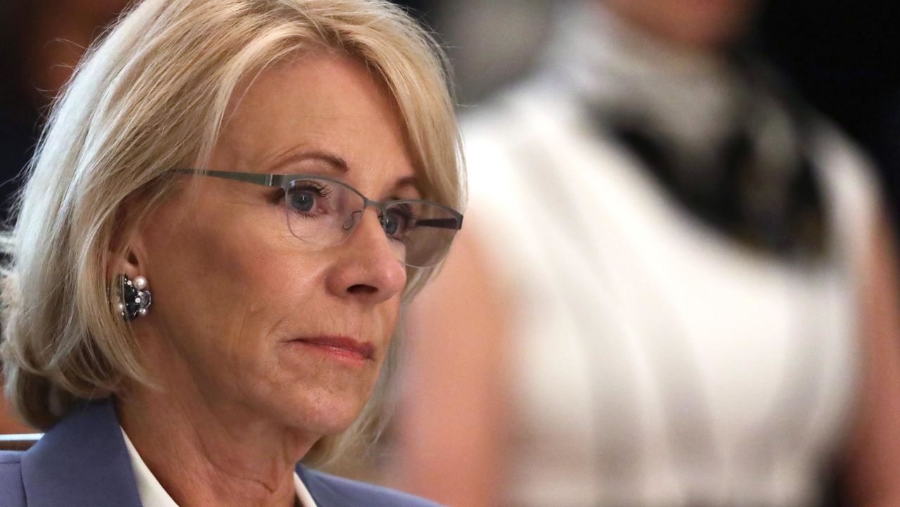 WASHINGTON, DC - MAY 19:   U.S. Secretary of Education Betsy DeVos listens during a cabinet meeting in the East Room of the White House on May 19, 2020 in Washington, DC. Earlier in the day President Trump met with members of the Senate GOP.  (Photo by Alex Wong/Getty Images)