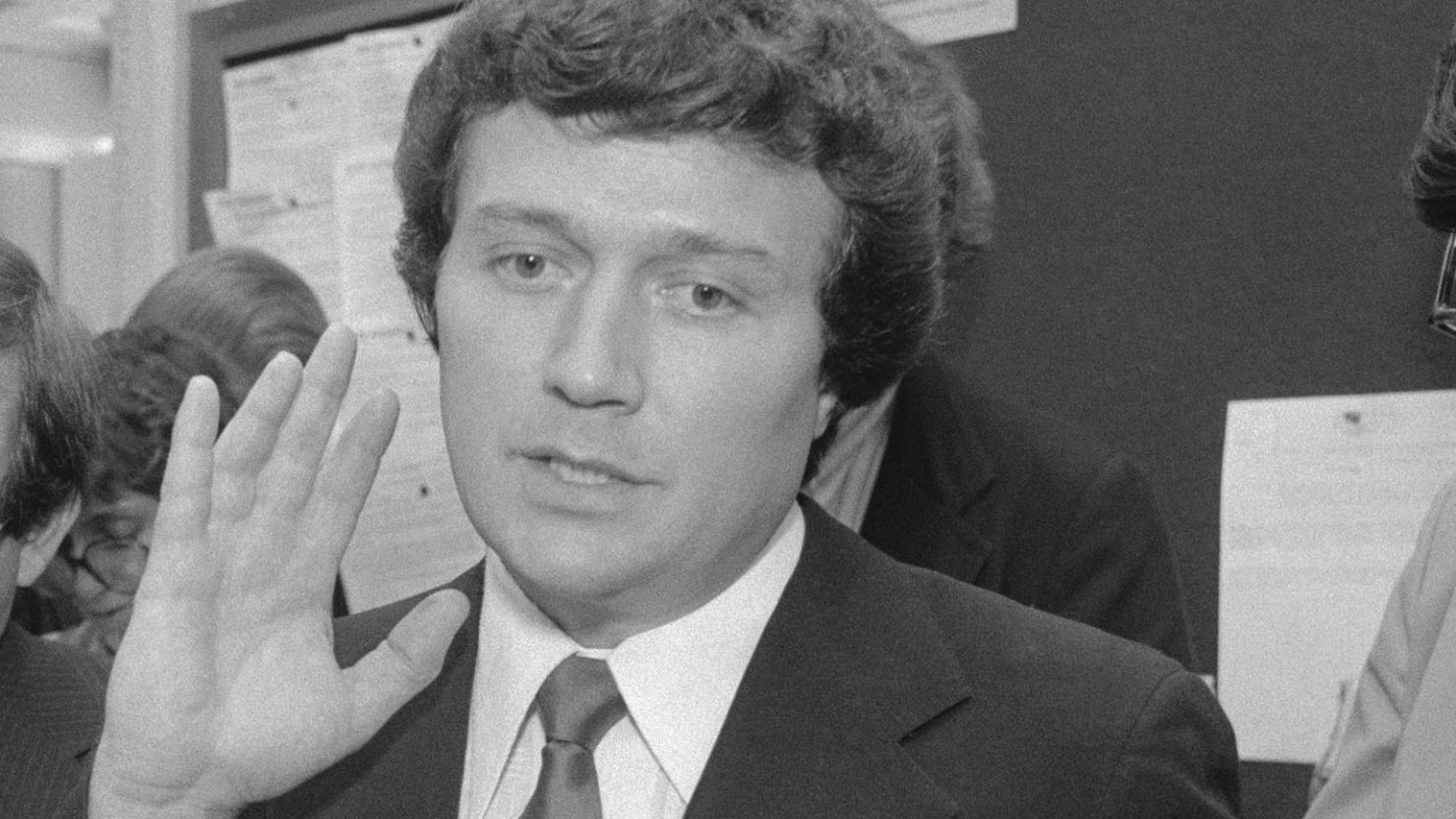 Rep. Michael Myers, D-Pennsylvania, speaks to reporters at the Capitol after he was expelled from Congress by fellow House members for taking a bribe in the FBI Abscam case.