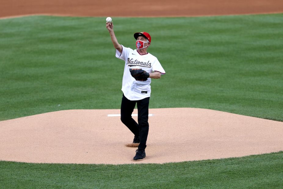 Fauci throws out the ceremonial first pitch before a Major League Baseball game between the New York Yankees and the Washington Nationals in July 2020.
