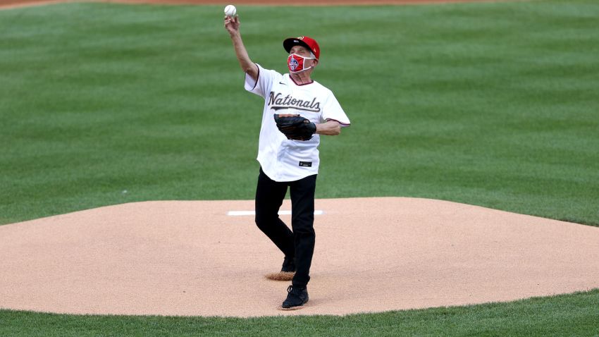 WASHINGTON, DC - JULY 23: Dr. Anthony Fauci, director of the National Institute of Allergy and Infectious Diseases throws out the ceremonial first pitch prior to the game between the New York Yankees and the Washington Nationals at Nationals Park on July 23, 2020 in Washington, DC. (Photo by Rob Carr/Getty Images)