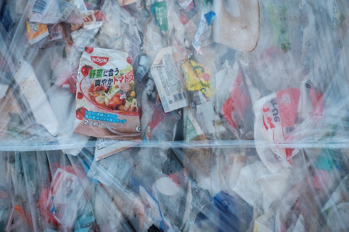 Compressed plastic waste at Ichikawa Kankyo Engineering, a recycling center in Japan.