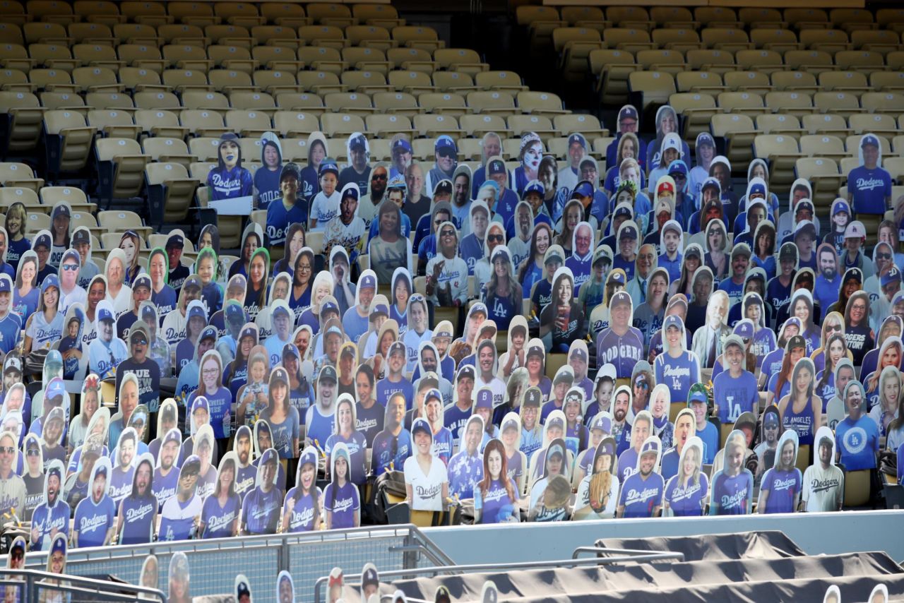 Cardboard cutouts of fans are seen at Dodger Stadium as the Los Angeles Dodgers opened their season against the San Francisco Giants on Thursday.