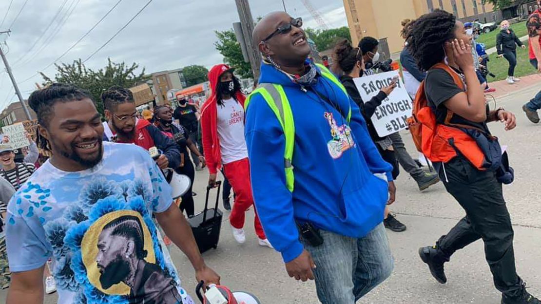 Frederick Edwards Jr. (left) and Jamaal Abegaz march for Black lives in Fargo, North Dakota. 