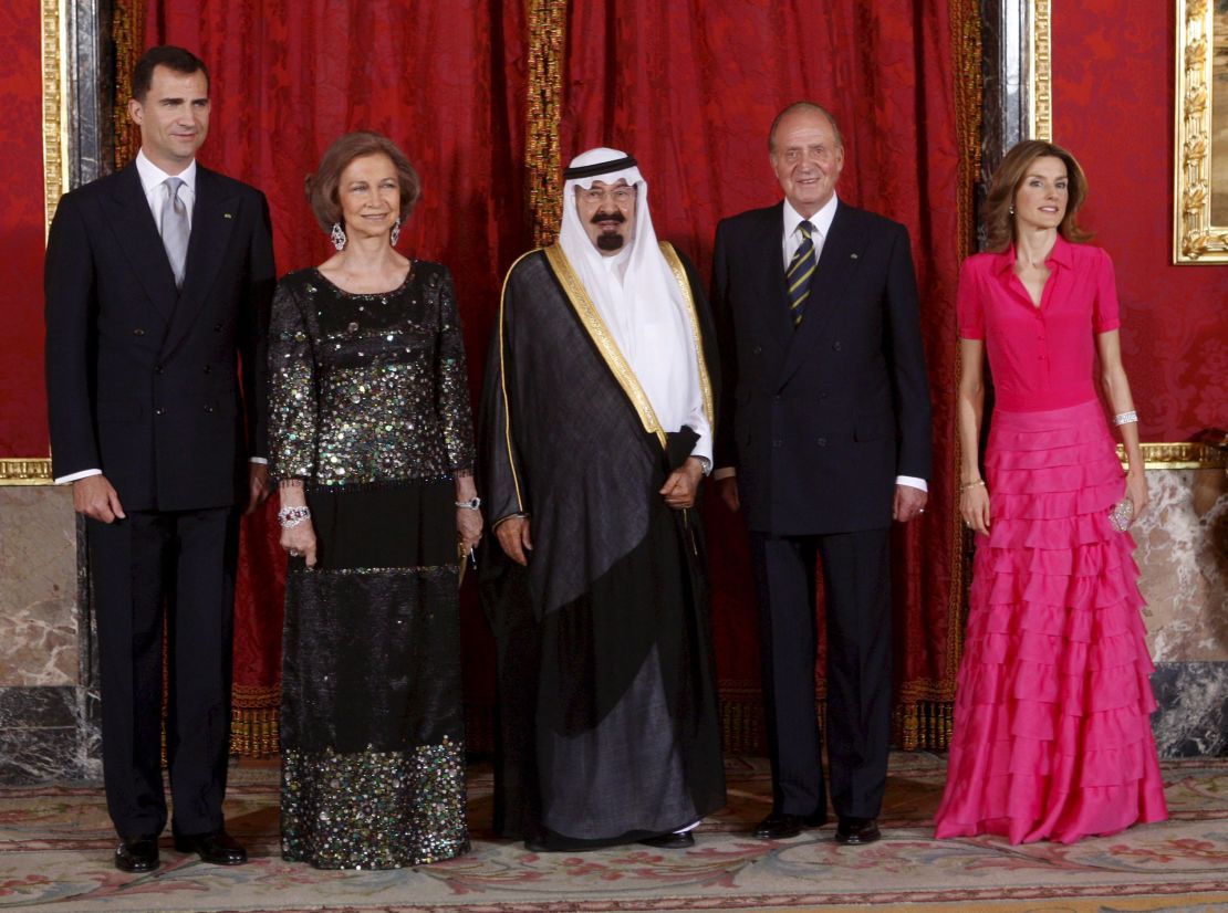 From left to right: then-Crown Prince Felipe, Spain's then-Queen Sofia, Saudi Arabia's then-King Abdullah, then-King Juan Carlos and then-Princess Letizia pose before a dinner in Madrid in July 2008.