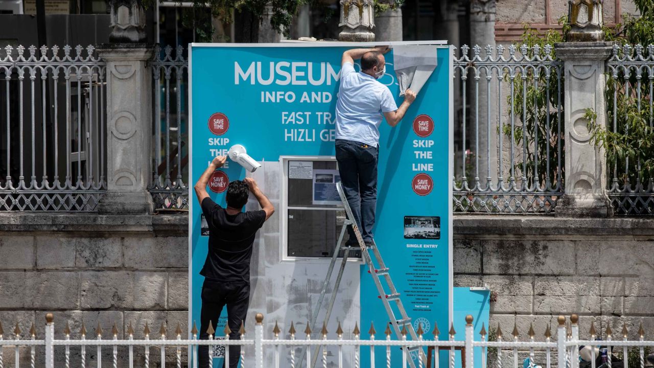 Workmen dismantle the Hagia Sophia Museum ticket booth on July 17, 2020 in Istanbul.