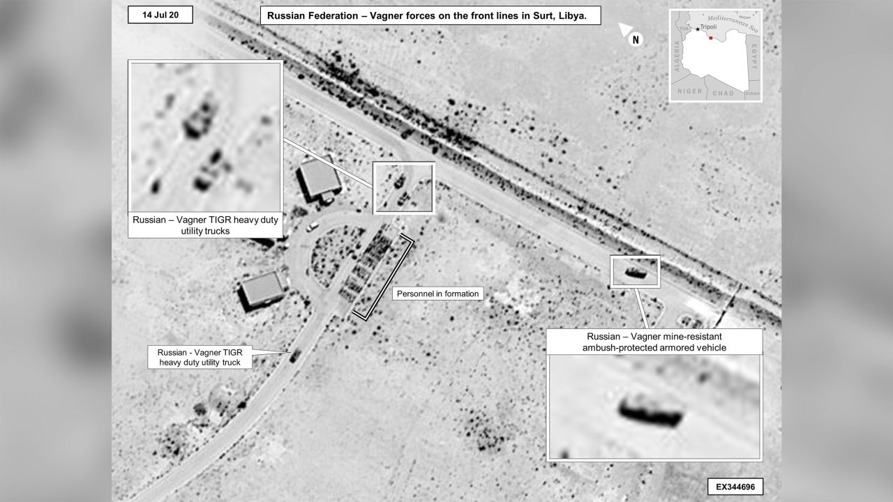New imagery released by the US military Friday allegedly demonstrates Russia's involvement in Libya. The image shows Wagner utility trucks and Russian mine-resistant, ambush--protected armored vehicles.