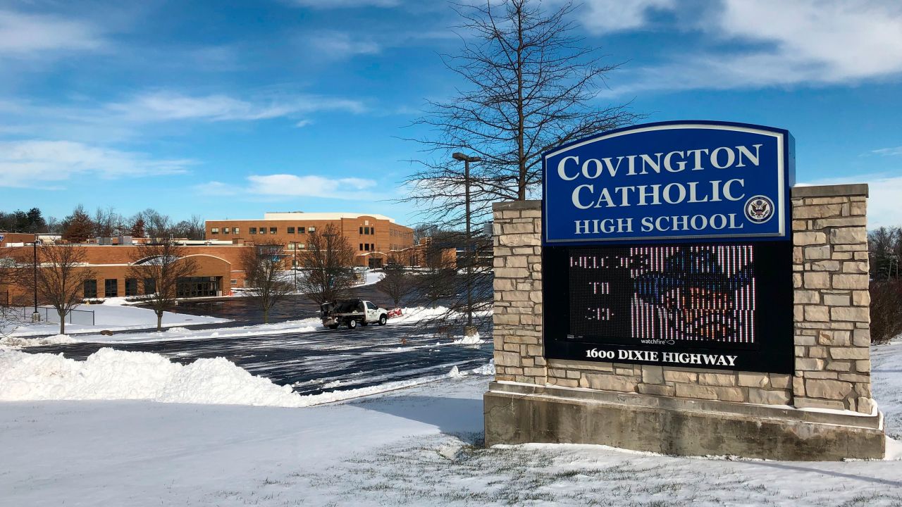 This Jan. 20, 2019 file photo shows the grounds of Covington Catholic High School in Park Hills, Ky. Nicholas Sandmann,  the Covington Catholic High School teen at the heart of an encounter last month with a Native American activist, is suing The Washington Post for $250 million. He is also threatening legal action against The Associated Press and other news organizations. In papers filed Tuesday in federal court in Kentucky, Nicholas Sandmann and his parents alleged that the Post had engaged in "targeting and bullying" and modern "McCarthyism." 