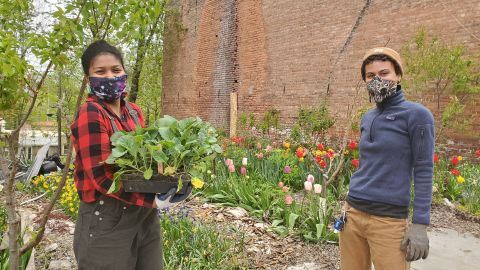 Soul Fire Farm assistant program manager Kiani Conley-Wilson, Left, and Z Estime build a garden bed for a community member as part of the Soul Fire in the City project.