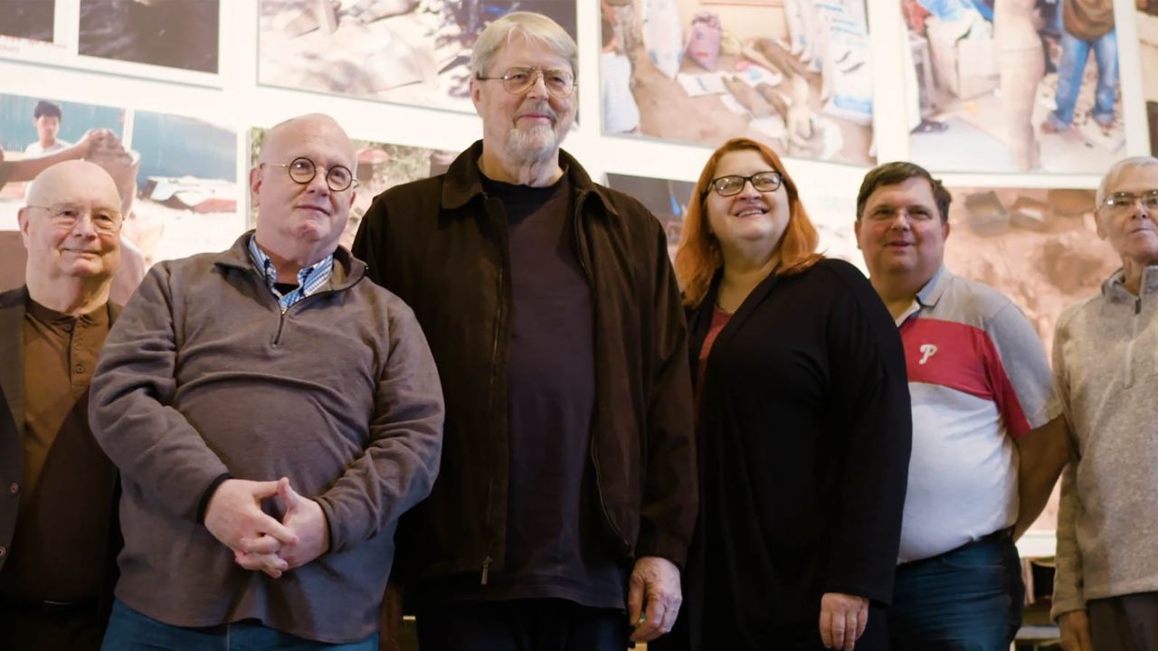 Artist Jim Sanborn (second from left) meets with Elonka Dunin (second from right) and other aspiring Kryptos code breakers at his studio in Maryland.