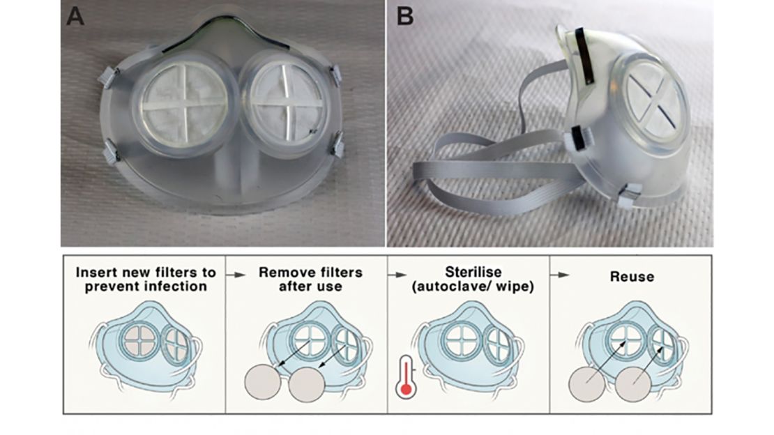 This illustration shows how the reusable iMASC can be cleaned and its filter removed. 