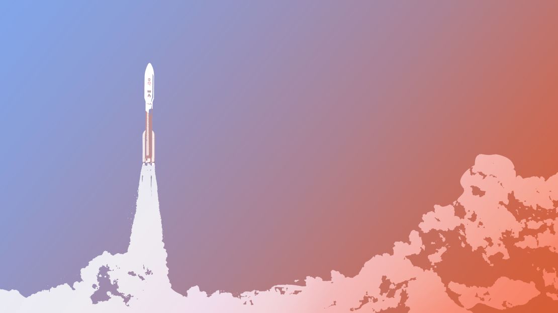 This illustrations shows the moment after Perseverance lifts off on a rocket, heading for Mars. 