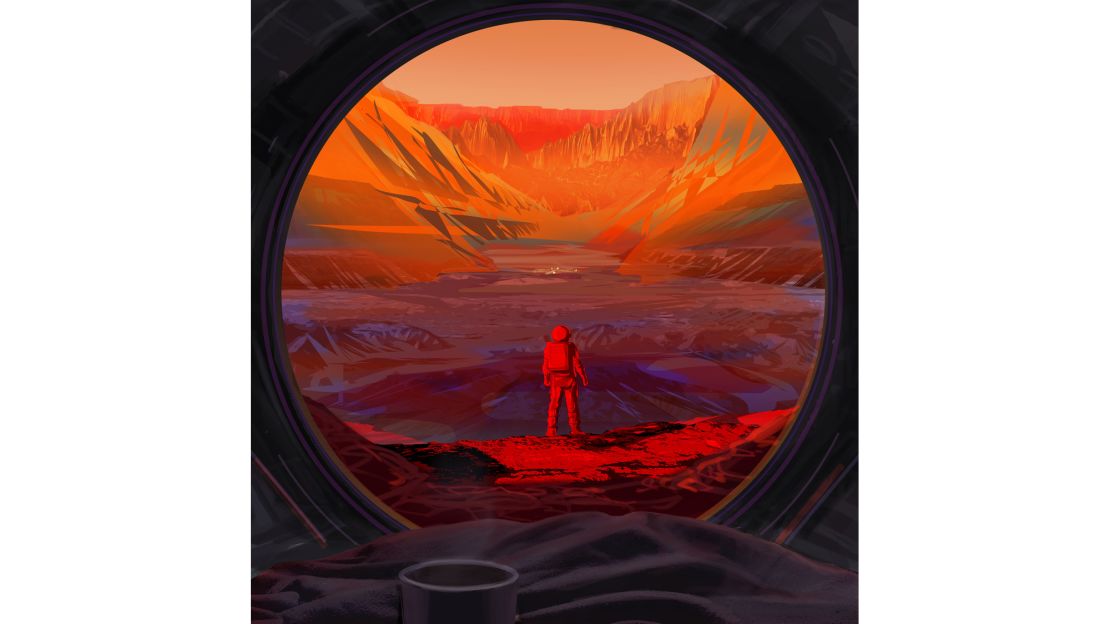 This illustration shows an astronaut on Mars, as viewed through the window of a spacecraft.