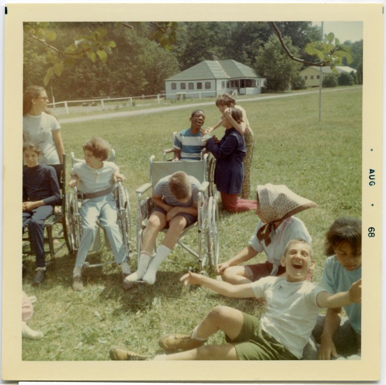 August 1968: Cheerful campers gathered in the field, some in wheelchairs, others sitting on the lawn. Being around other kids with disabilities was a relief for many of the campers. "I wanted to be part of the world but I didn't see anyone like me in it," said former camper Jimmy Lebrecht (not pictured).