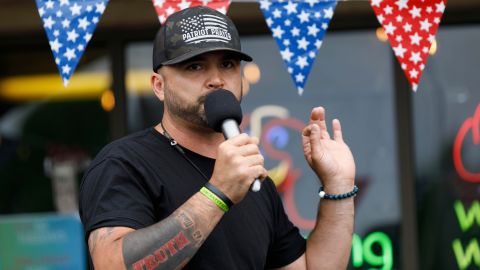Joey Gibson of Patriot Prayer, a far-right group, speaks to demonstrators in Vancouver, Washington, May 16, 2020.