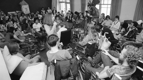 Demonstrators continue sit in at the offices of the Health, Education and Welfare department in San Francisco on April 9, 1977, advocating for civil rights rules for the disabled to be signed. 