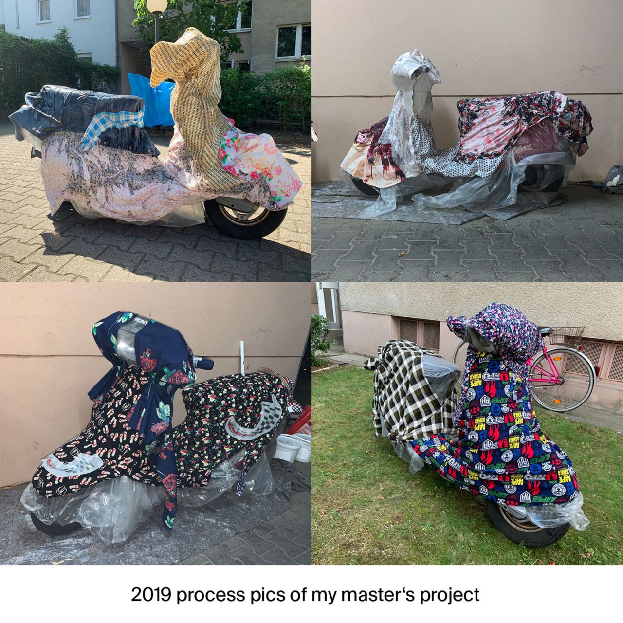 Process shots from Nguyen's master's project show motorbikes draped in garments. Below, Balenciaga's contested Instagram post shows a motorbike being wrapped in the label's clothing.
