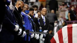 Fraternity members sing in front of the casket of the late Rep. John Lewis, D-Ga., during a service celebrating "The Boy from Troy" at Troy University on Saturday, July 25, 2020, in Troy, Ala. Lewis, who carried the struggle against racial discrimination from Southern battlegrounds of the 1960s to the halls of Congress, died Friday, July 17, 2020. (AP Photo/Brynn Anderson)
