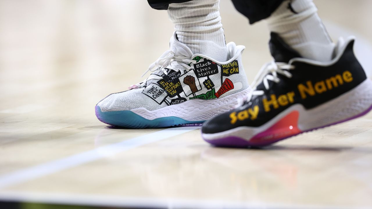 The sneakers of Breanna Stewart #30 of Seattle Storm during the game against the New York Liberty.