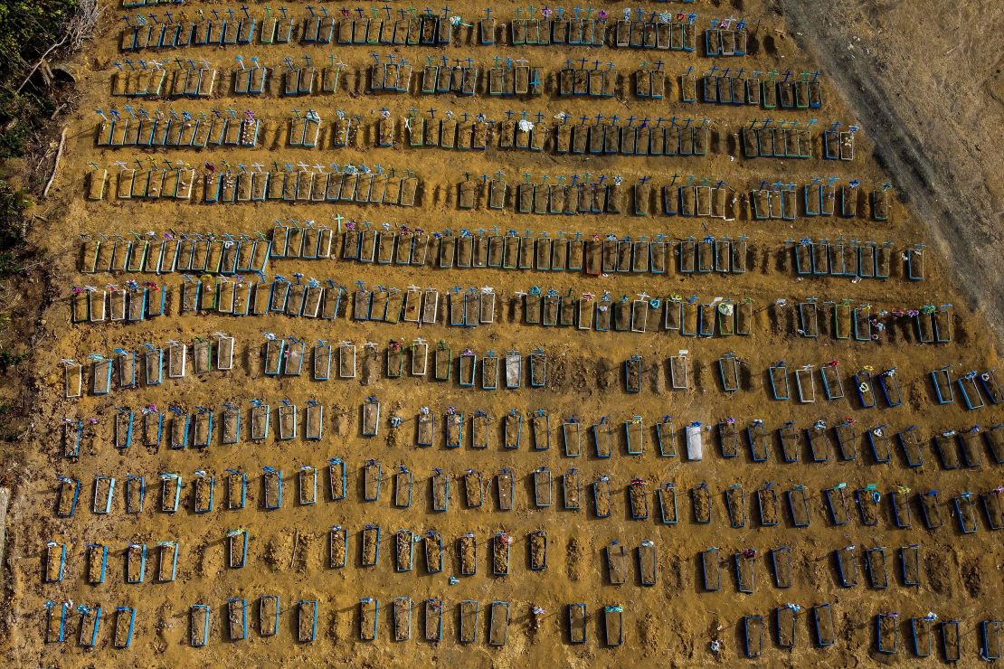 An aerial shot shows a cemetery in the city of Manaus, Brazil, on July 20, 2020.