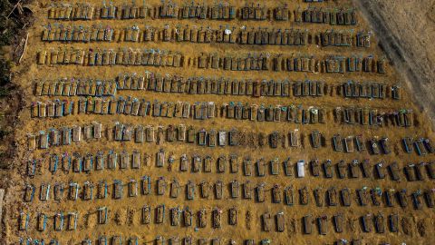 An aerial shot shows a cemetery in the city of Manaus, Brazil, on July 20, 2020.