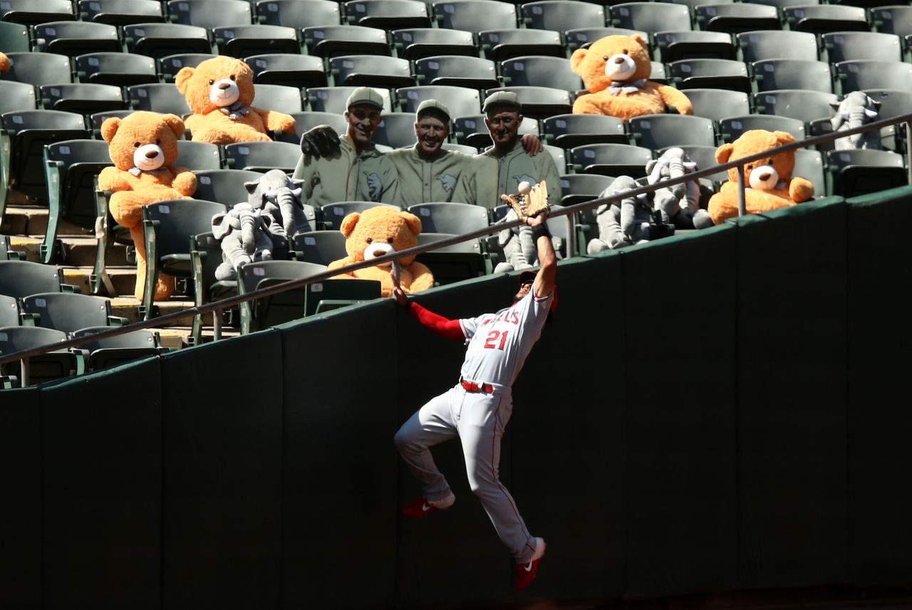 Michael Hermosillo of the Los Angeles Angels catches a fly ball during a game in Oakland, California, on Saturday, July 25.