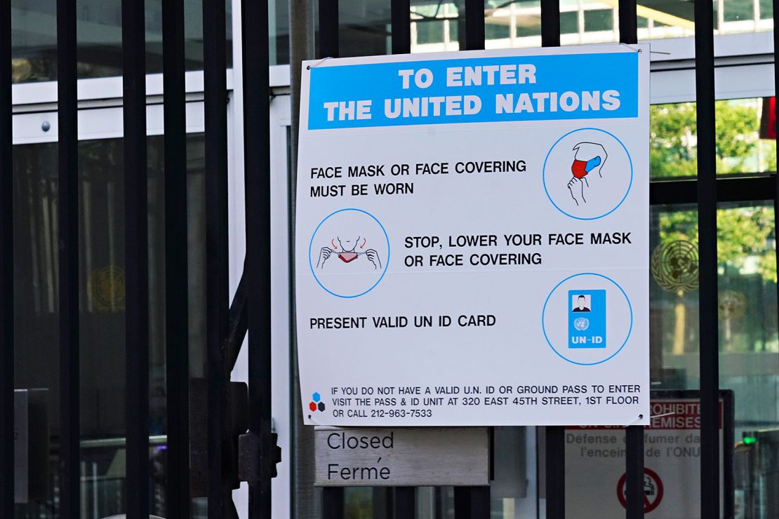 UN sign describing mask protocol at the headquarters