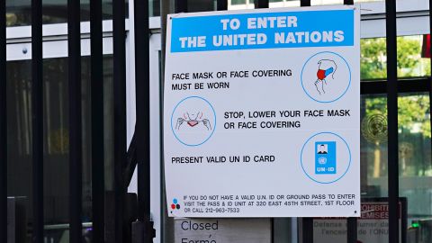 UN sign describing mask protocol at the headquarters