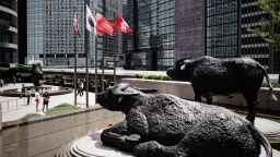 Two bull statues displayed outside the stock exchange in Hong Kong.