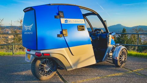 The Deliverator is a three-wheeled vehicle that's smaller than a car and designed to be a mix of a car and a motorcycle.