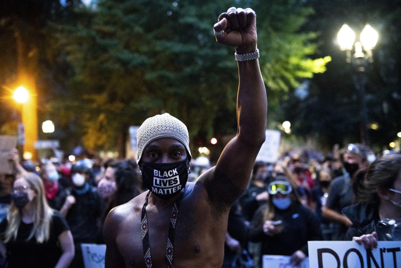 A protester raises a fist on July 25.