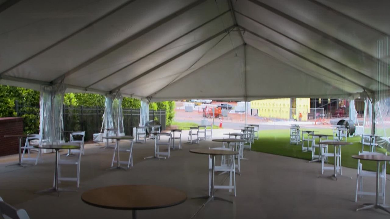 Players at the practice facility will dine alone at spaced tables.