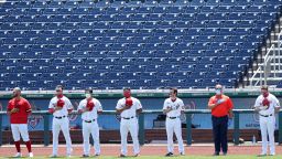 WASHINGTON, DC - JULY 26: Members of the Washington Nationals stand during the national anthem before playing against the New York Yankees at Nationals Park on July 26, 2020 in Washington, DC. (Photo by Patrick Smith/Getty Images)