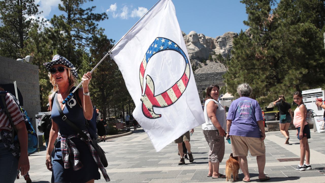 A QAnon supporter at Mount Rushmore National Monument on July 1, 2020 in Keystone, South Dakota. 