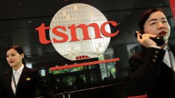 The logo of Taiwan Semiconductor Manufacturing Co. (TSMC) is displayed during the TSMC Annual general meeting in Hsinchu, Taiwan, 05 June 2019.