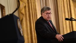 US Attorney General William Barr delivers remarks on "Operation Legend: Combatting Violent Crime in American Cities" in the East Room of the White House, Washington, DC, on July 22, 2020. (Photo by Brendan Smialowski / AFP) (Photo by BRENDAN SMIALOWSKI/AFP via Getty Images)