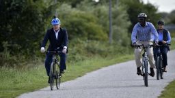 Prime Minister Boris Johnson (left), alongside Darren Henry, Conservative MP for Broxtowe, at the Canal Side Heritage Centre in Beeston near Nottingham on July 28
