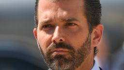 Donald Trump, Jr. looks on upon arrival at General Mitchell International Airport, with US President Donald Trump, in Milwaukee, Wisconsin on July 12, 2019.