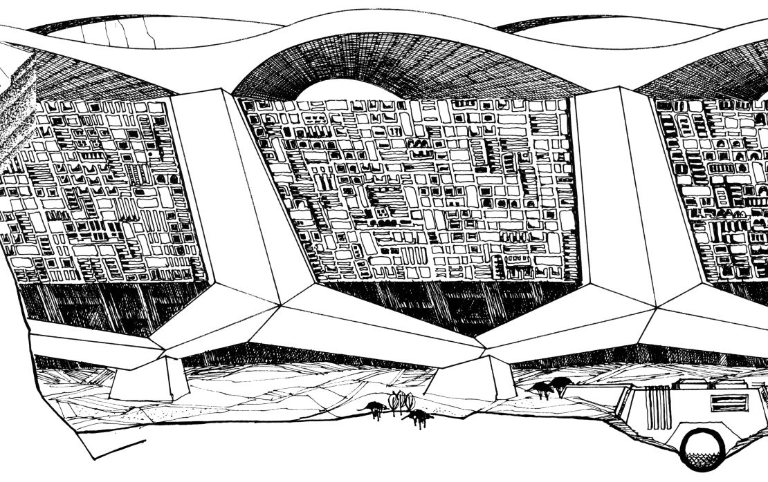 Paolo Soleri's 1960s "Veladiga Arcology" design, which imagined a giant dam filled with human habitats.