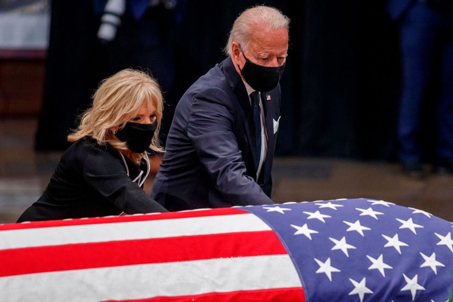 Former Vice President Joe Biden, the presumptive Democratic presidential nominee, visits Lewis' casket along with his wife, Jill, on Monday.