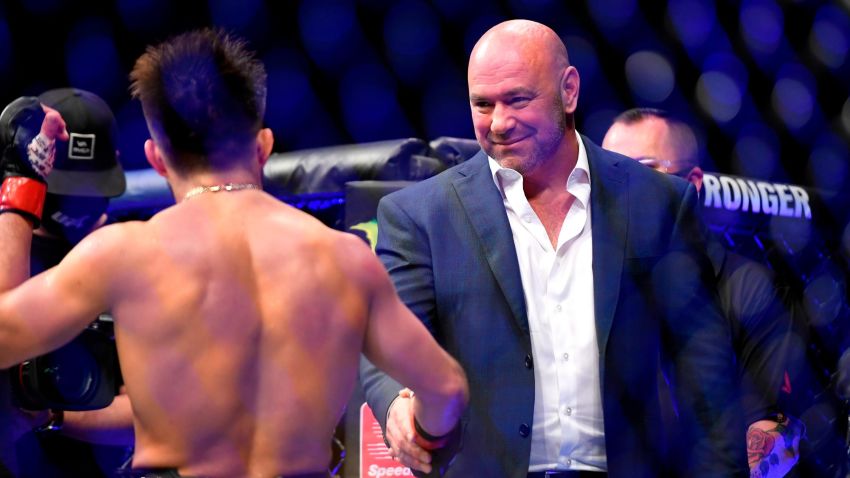 JACKSONVILLE, FLORIDA - MAY 09: UFC President Dana White (R) congratulates Henry Cejudo (L) of the United States after defeating Dominick Cruz of the United States in their bantamweight title fight during UFC 249 at VyStar Veterans Memorial Arena on May 09, 2020 in Jacksonville, Florida. (Photo by Douglas P. DeFelice/Getty Images)