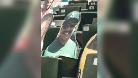 A's fan Sal Valencia's smiling face will be in the stands at Oakland Coliseum all season.
